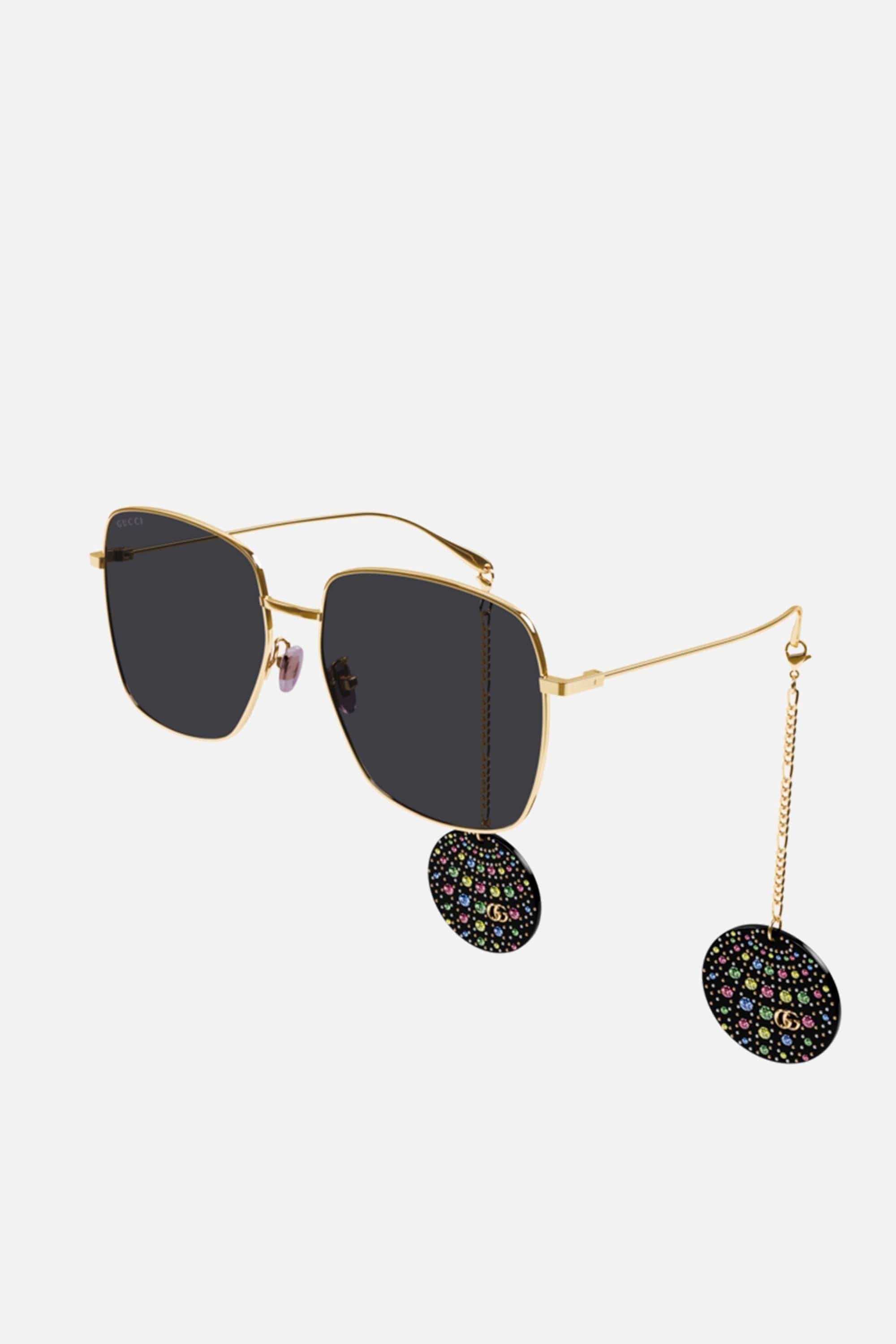 Gucci gold squared sunglasses with disco ball charms