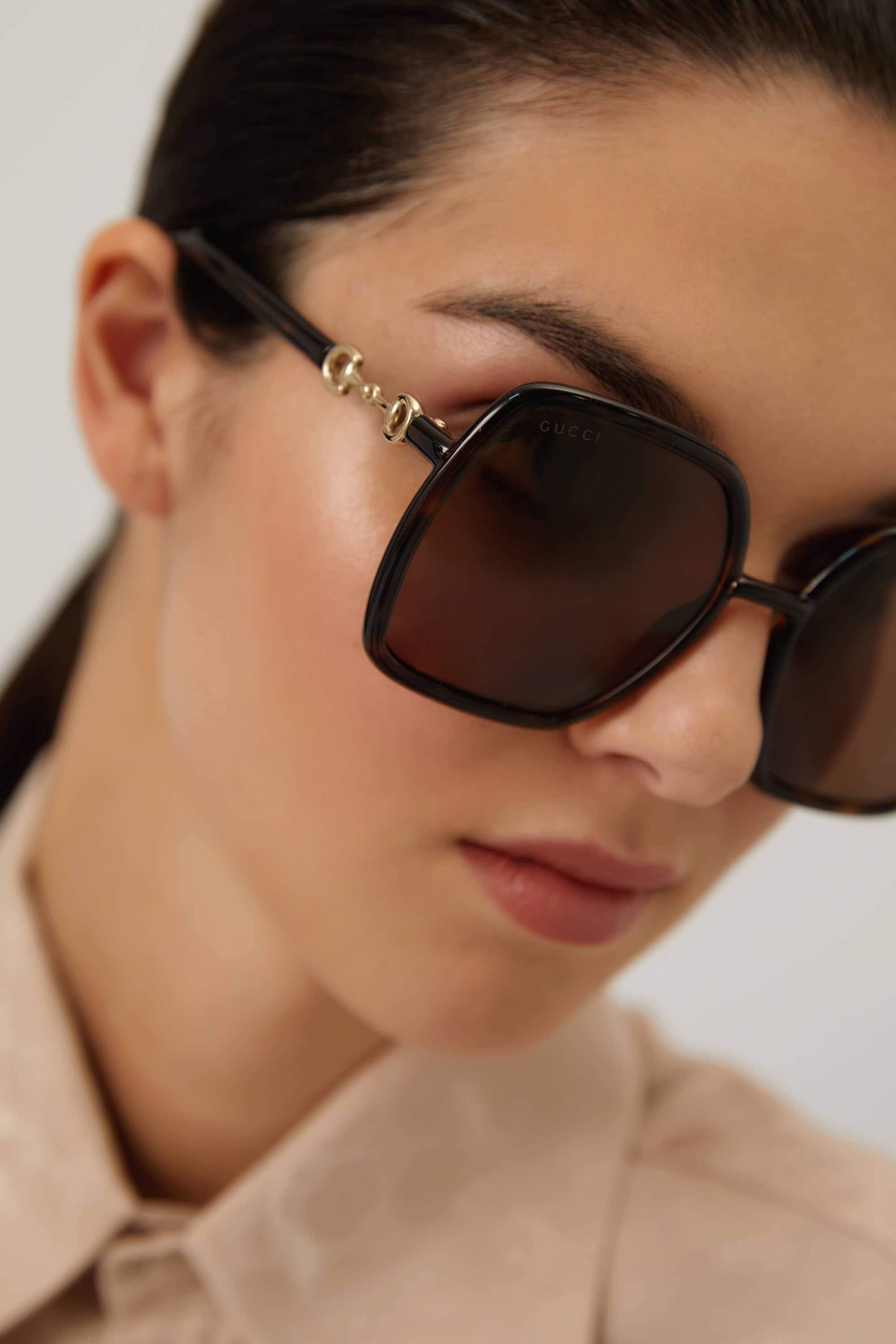 Gucci hexagonal havana sunglasses with horsebit detail