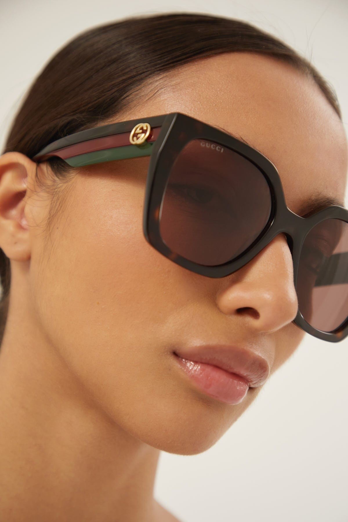 Gucci squared havana sunglasses with web temple