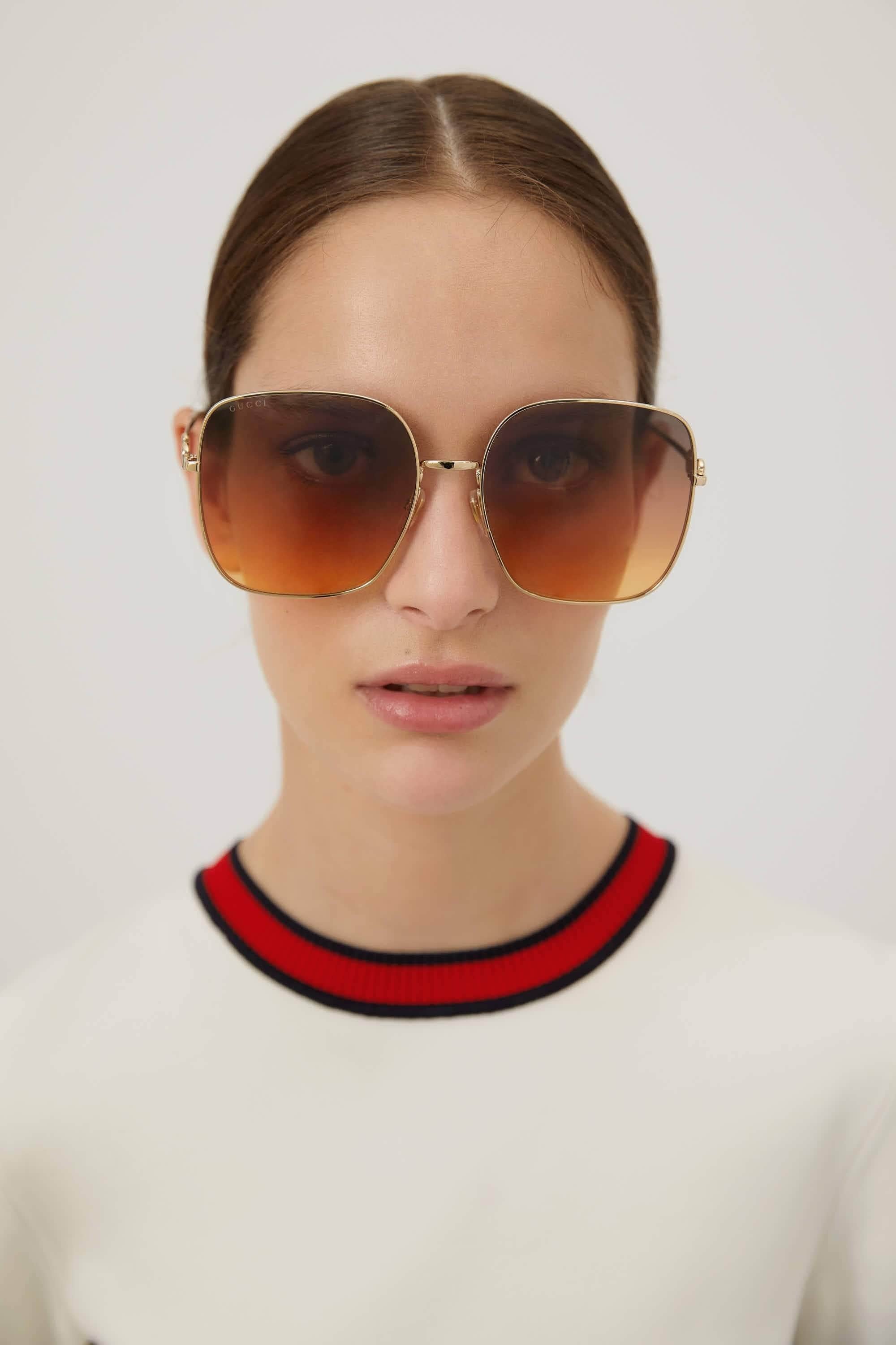 Gucci squared metal gold brown classic sunglasses with  horsebit detail