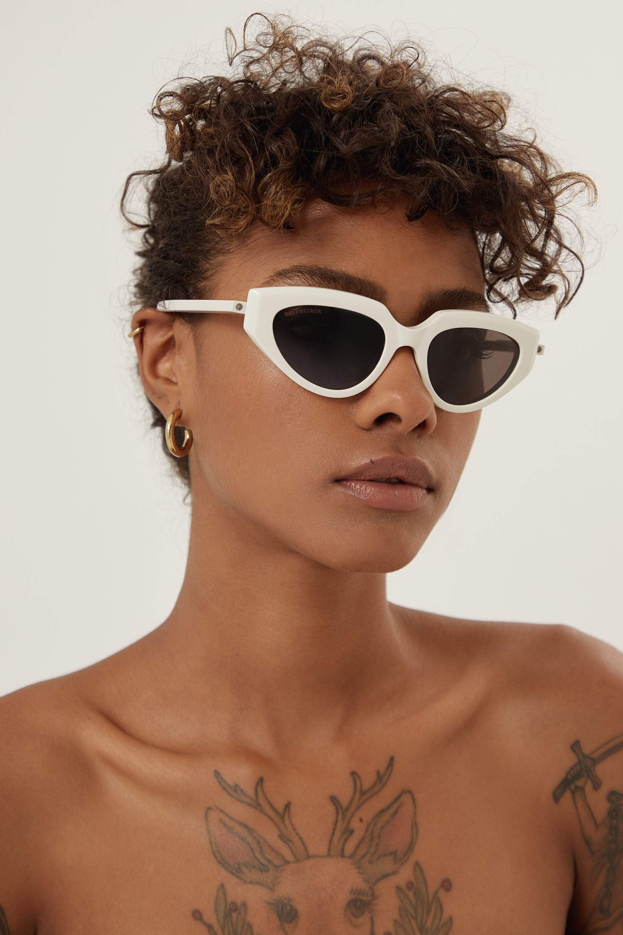 Balenciaga white cat eye sunglasses with black logo