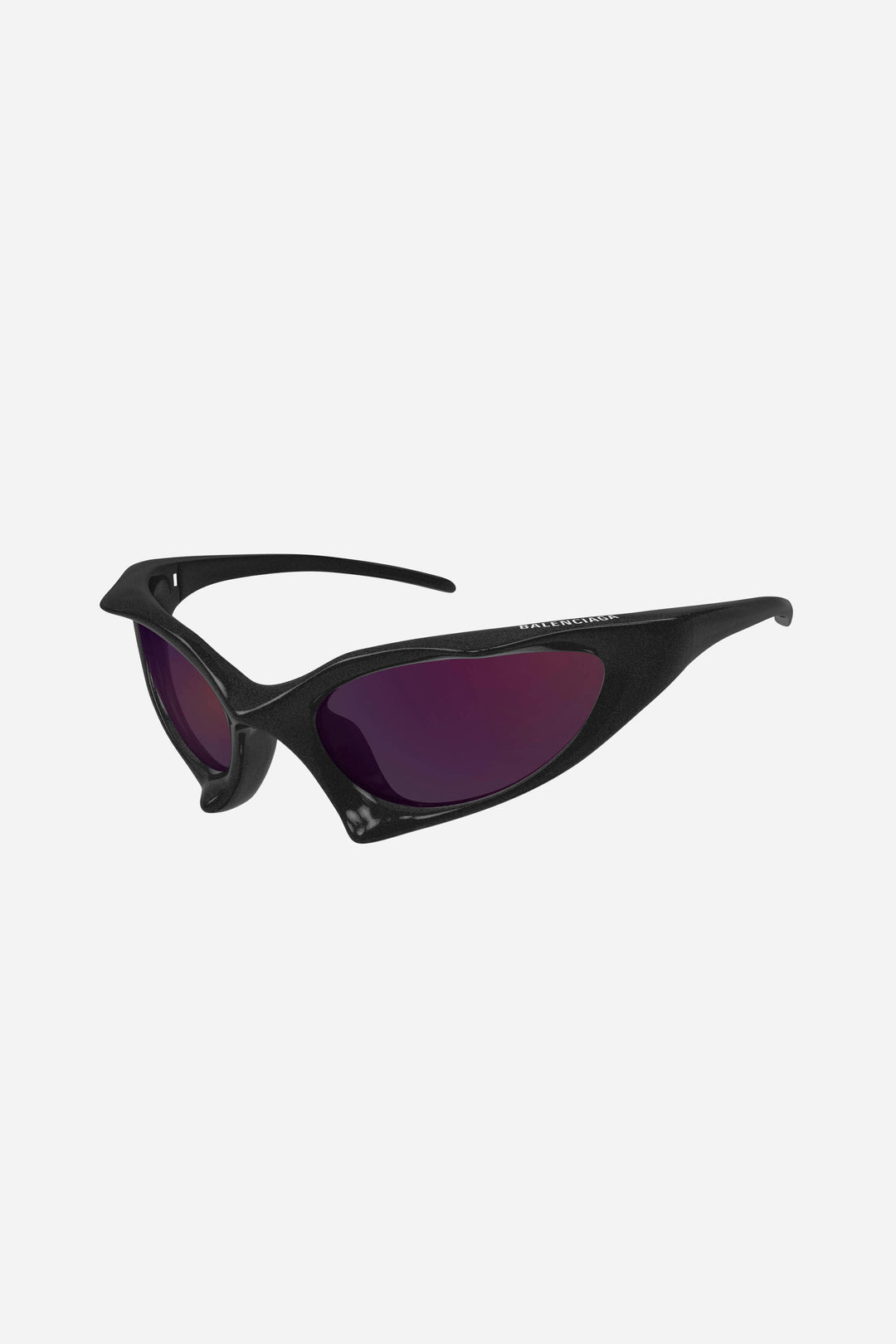 Black wraparound Balenciaga sunglasses with violet lense