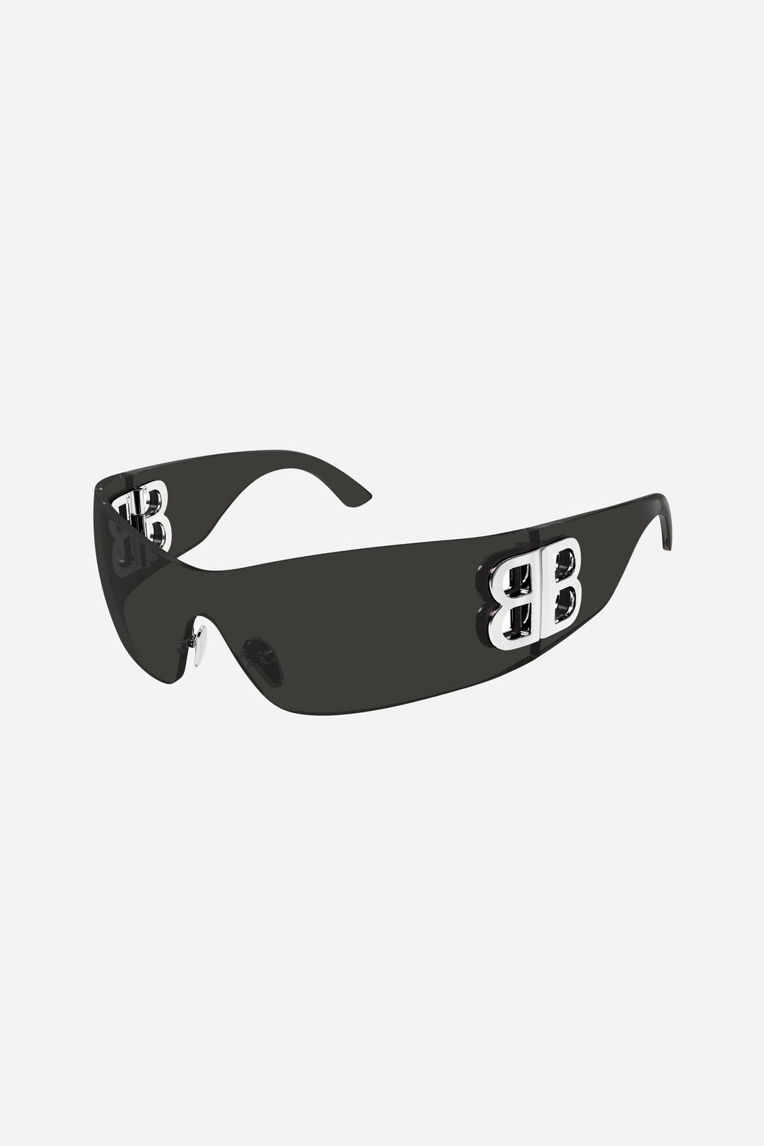 Single lense black sunglasses with silver logo