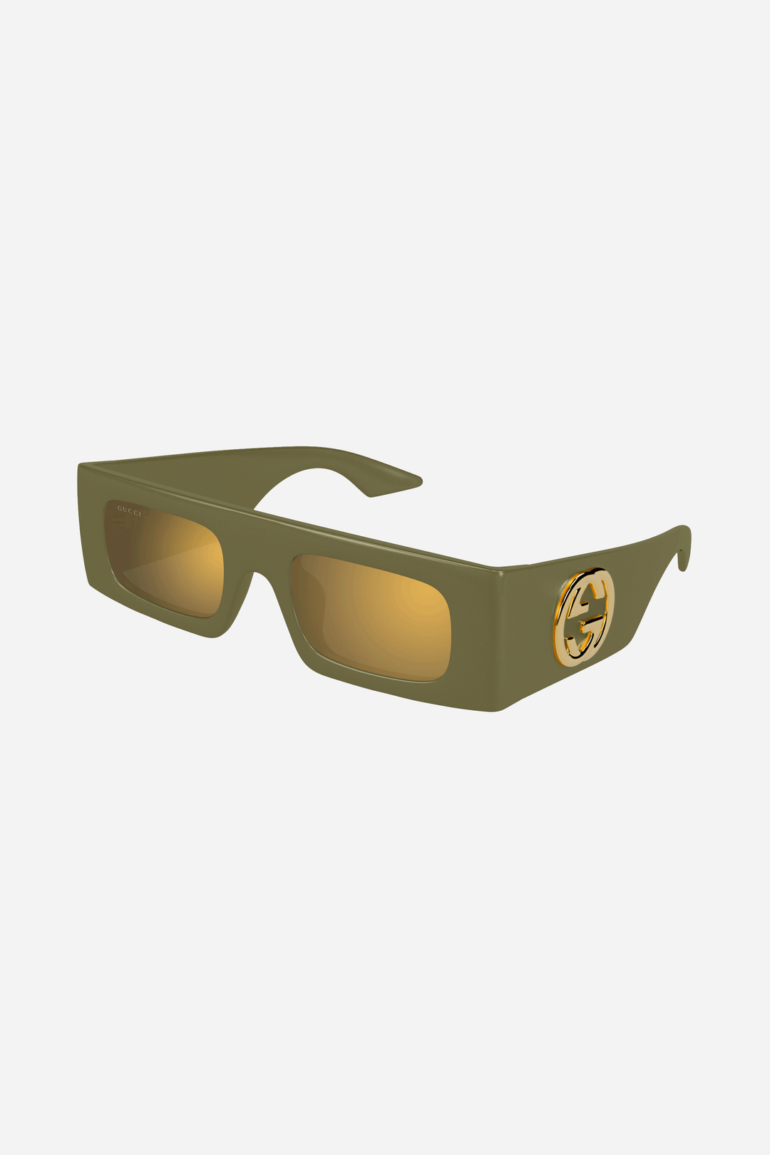 Rectangular green and brown Gucci sunglasses with gold logo