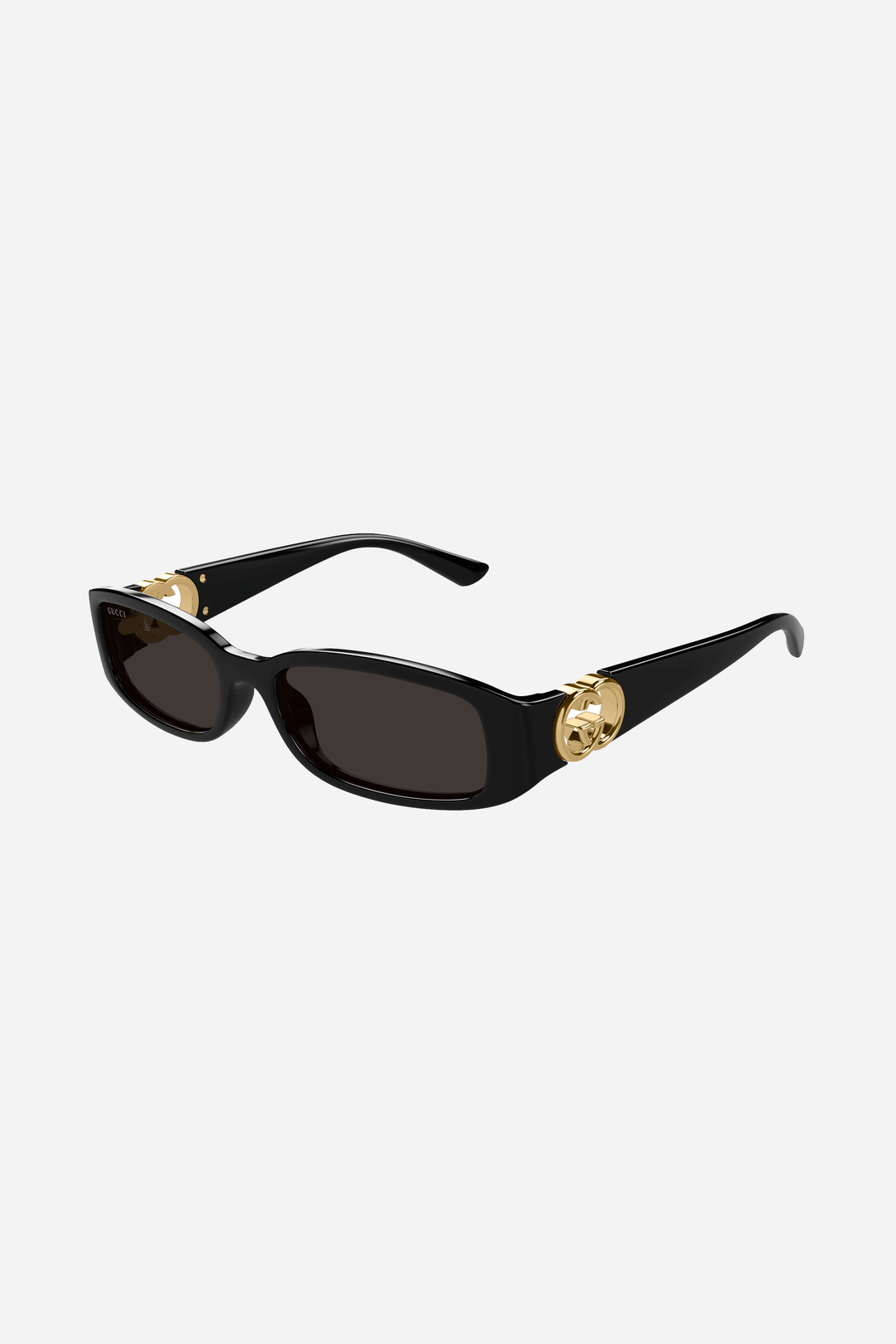 Black recangular Gucci sunglasses with gold logo