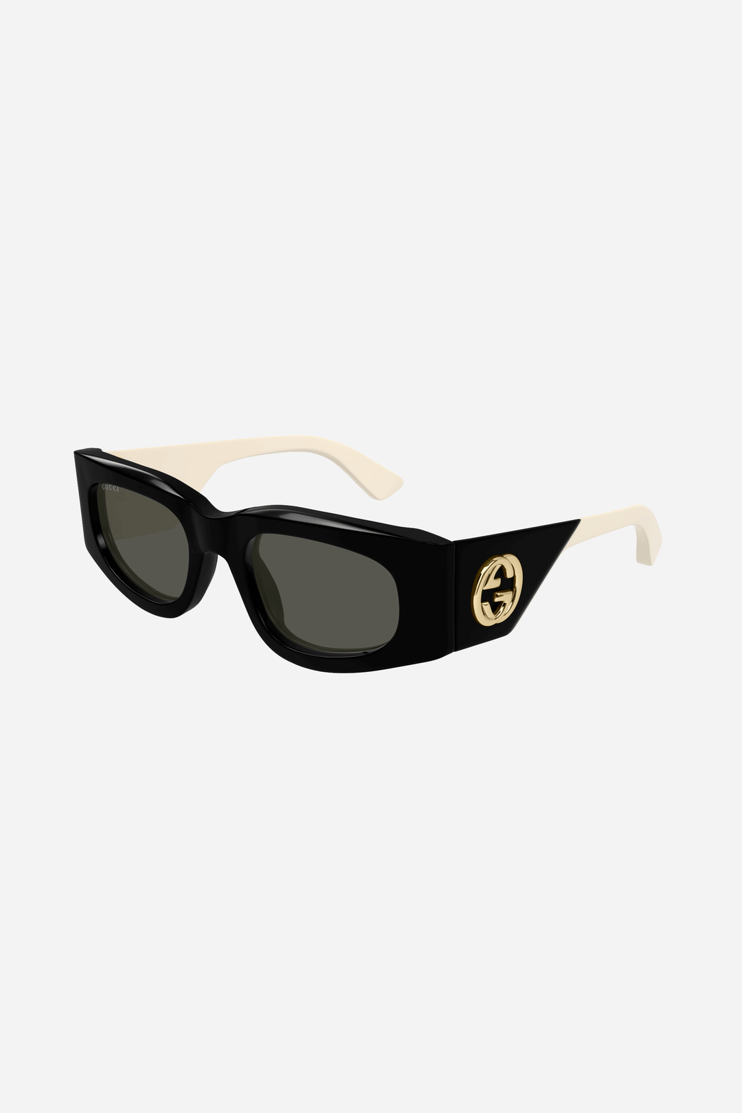 Rectangular black and white Gucci sunglasses with gold logo